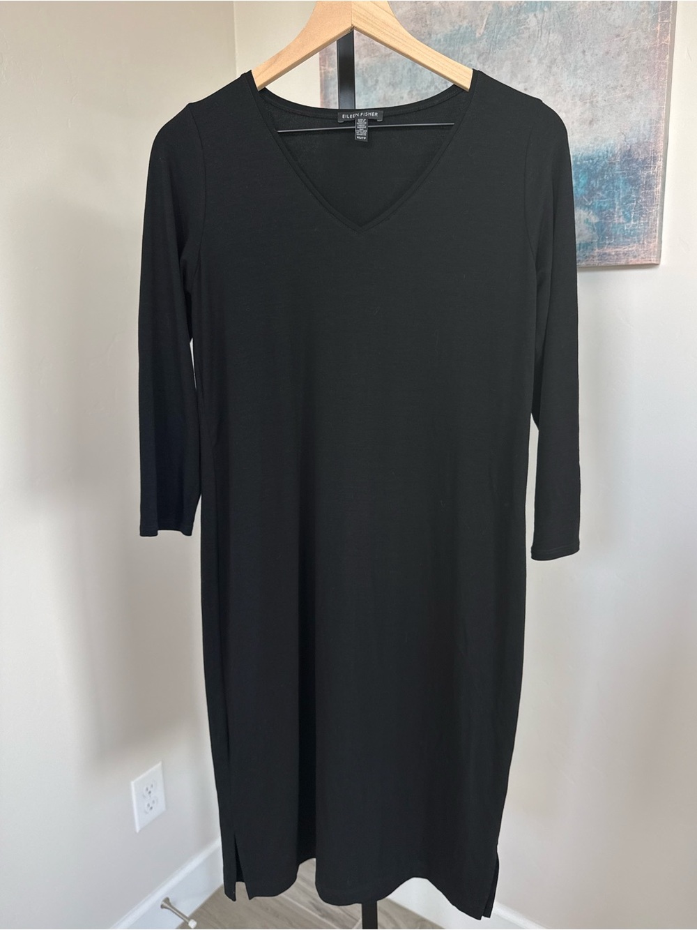 Eileen Fisher Black Tencel Jersey V Neck Midi Dress 3/4 Sleeve Womens XS
